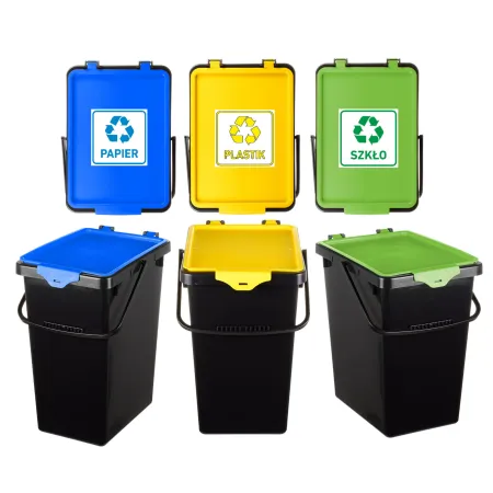 kosze do segregacji, wiadra do segregacji z naklejkami, 3 x 10L,